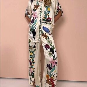 Cream Wide-Leg Pants with Floral & Bird Print